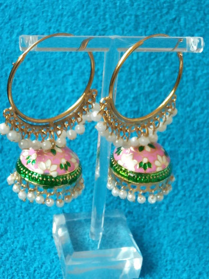 MANJARI PINK GREEN HOOP JHUMKAS