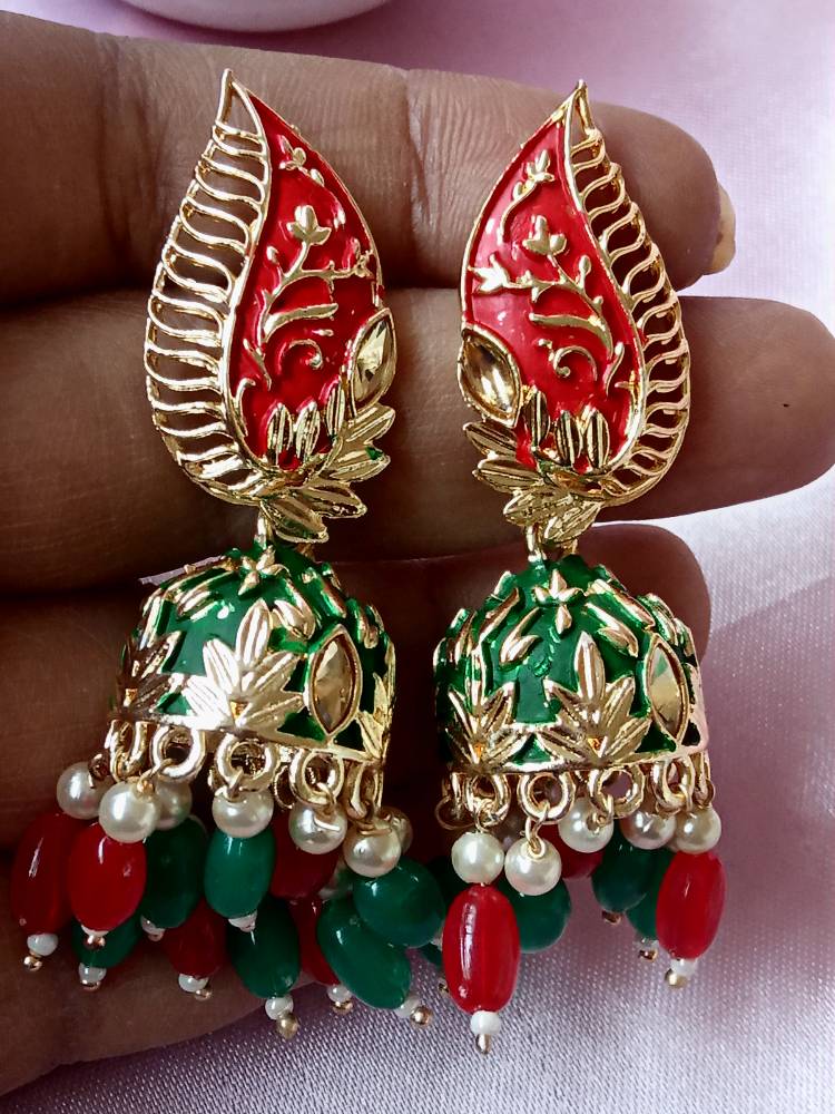 Phool Meenakari jhumkas- Dark Green – Rohika Store